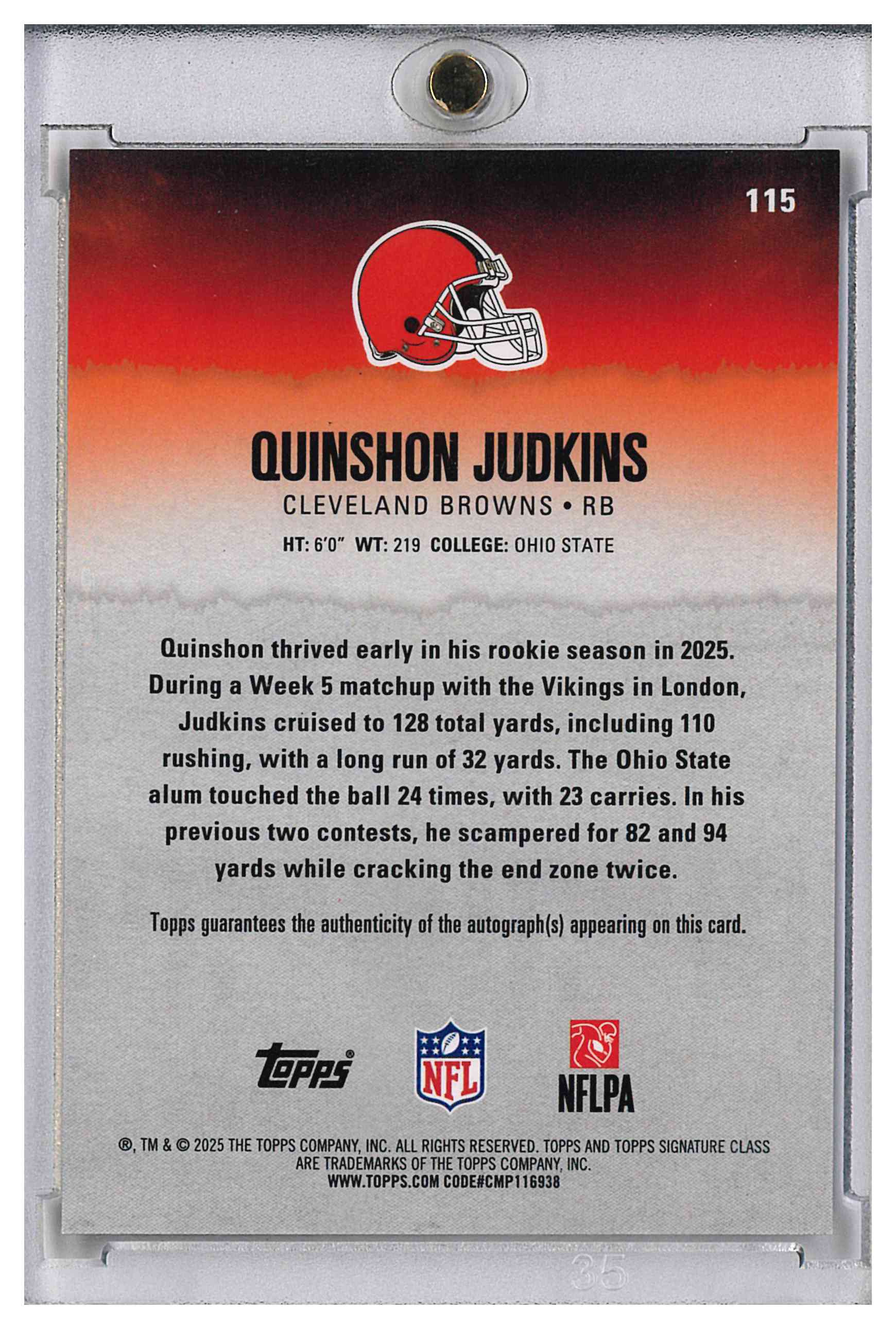 2025 Topps Certified Autograph Issue Quinshon Judkins, reverse
