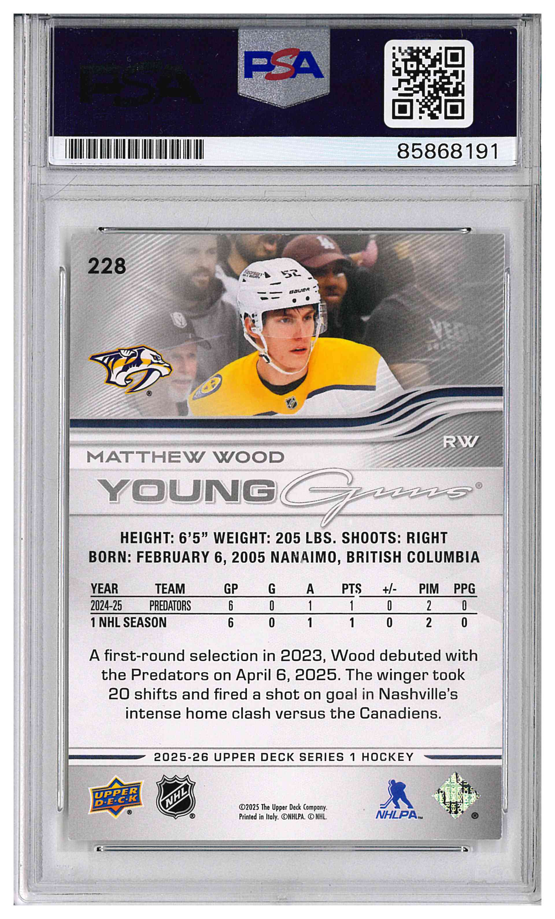 Matthew Wood Signed 2025-26 Upper Deck Young Guns RC IP Auto PSA/DNA Predators, reverse
