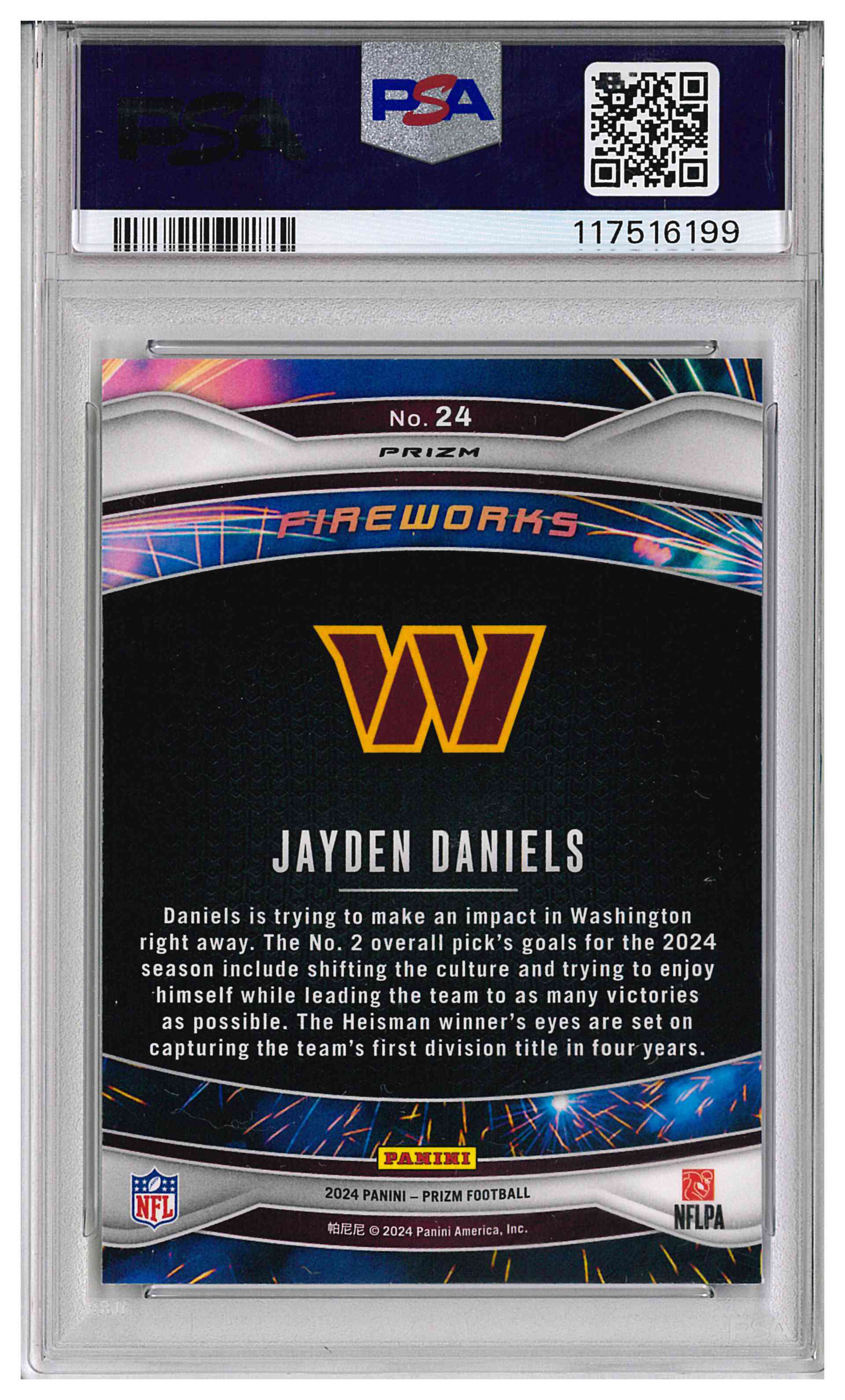 2024 Panini Prizm Jayden Daniels Green FIREWORKS Insert Rookie #24 PSA 10, reverse