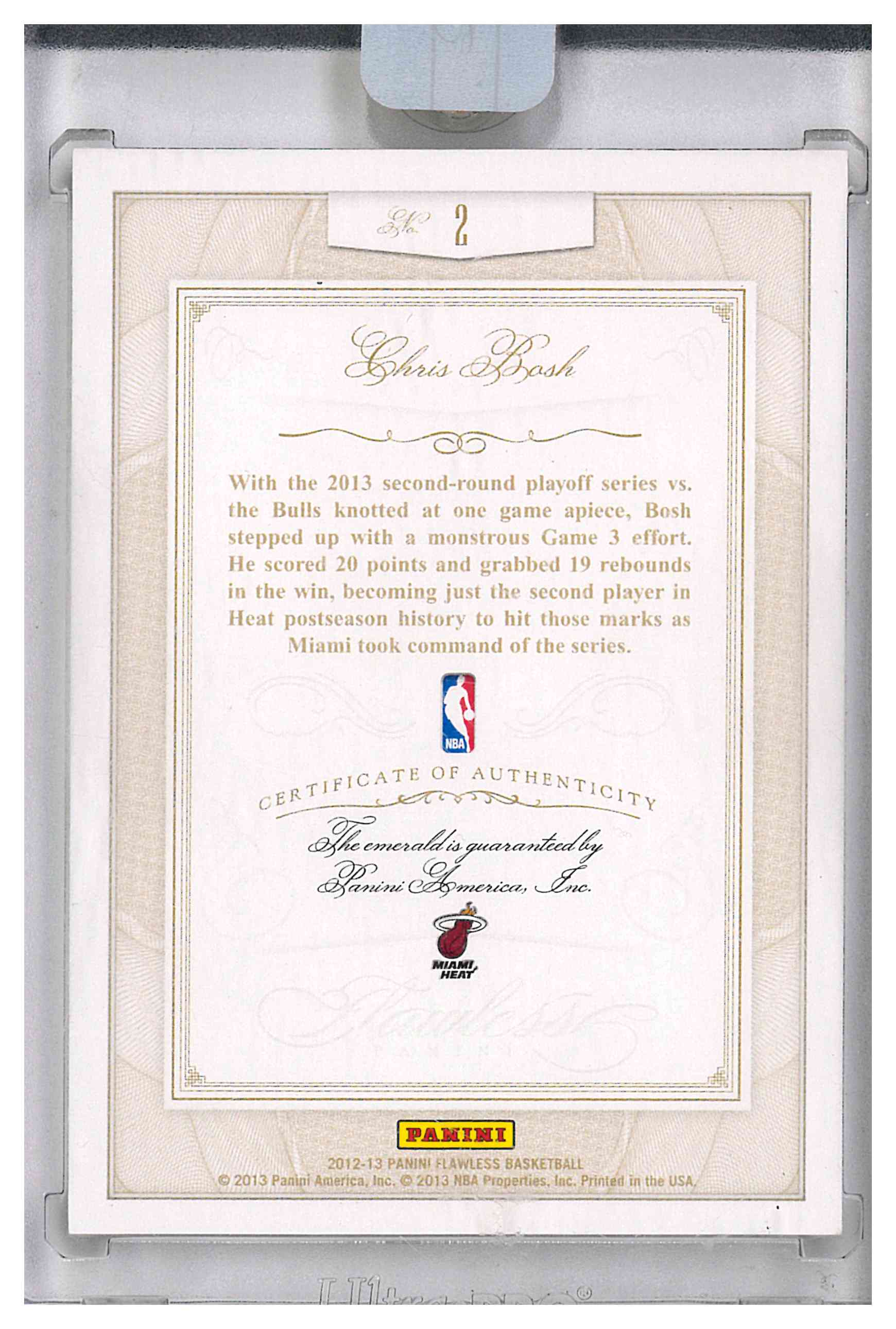 2012-13 Panini Flawless Chris Bosh Emerald /5, reverse
