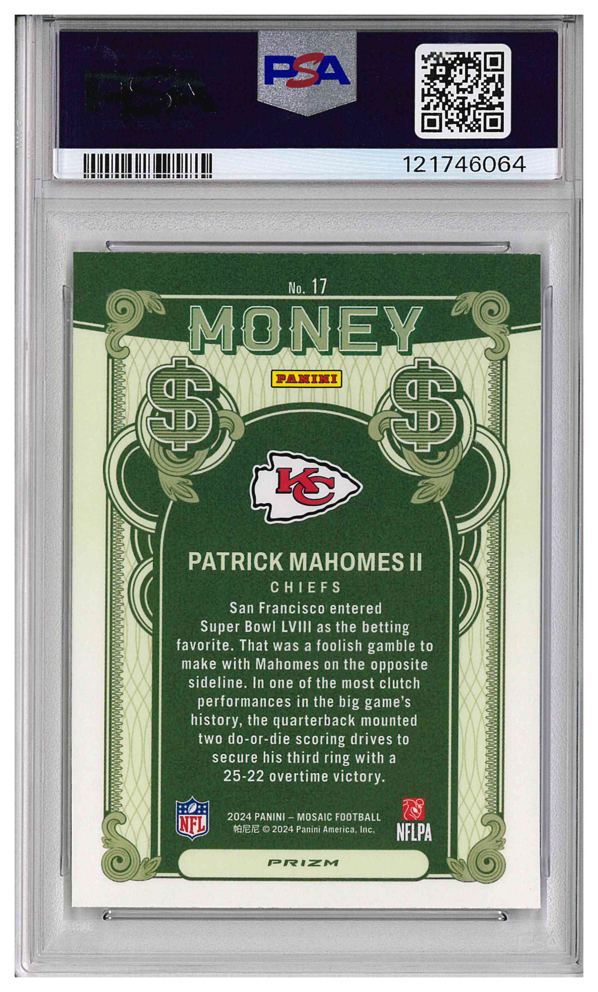 2024 Panini Mosaic Patrick Mahomes II Money Insert - #17 SSP PSA 9, reverse