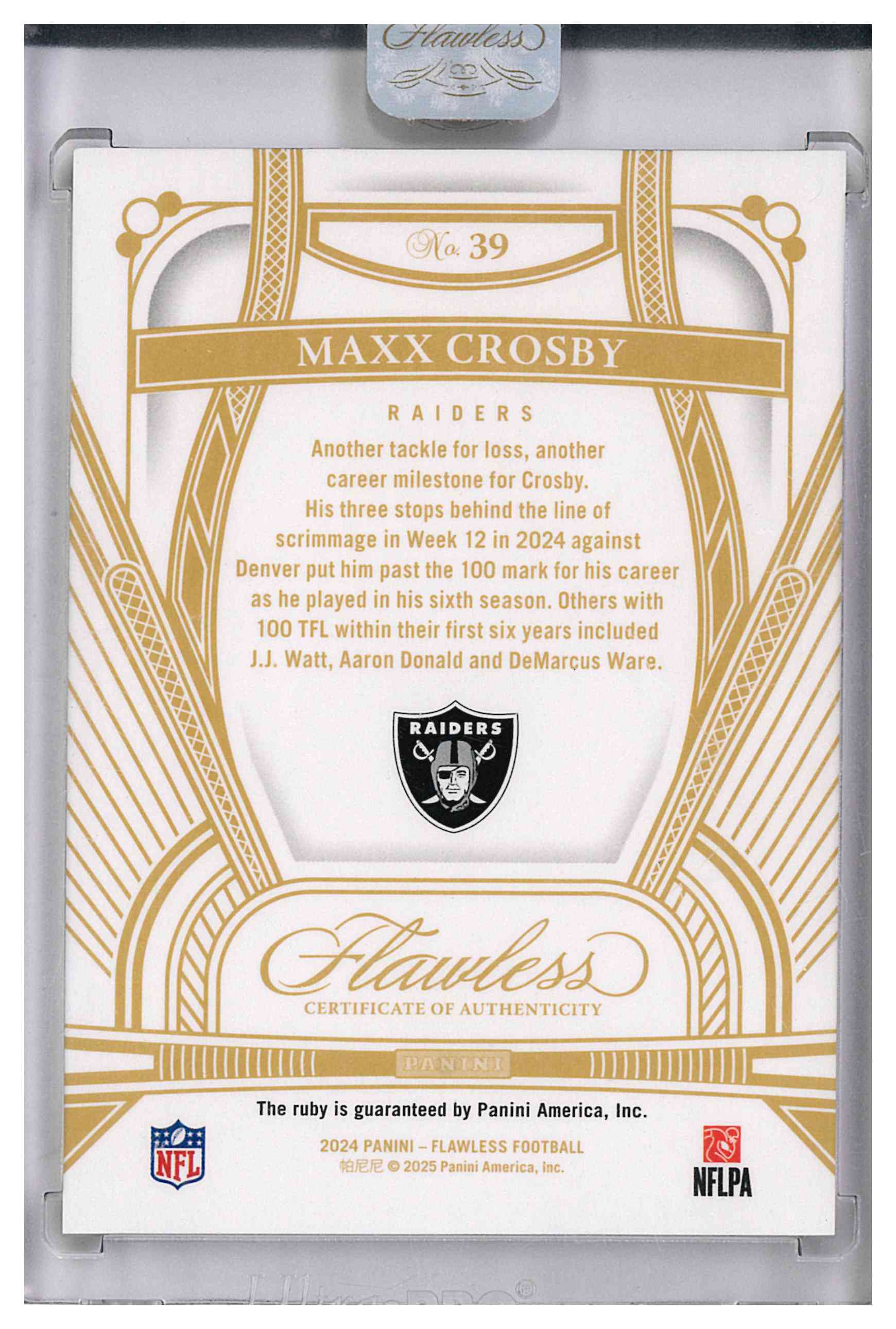 Panini 2024 Flawless Football Maxx Crosby Ruby /20, reverse