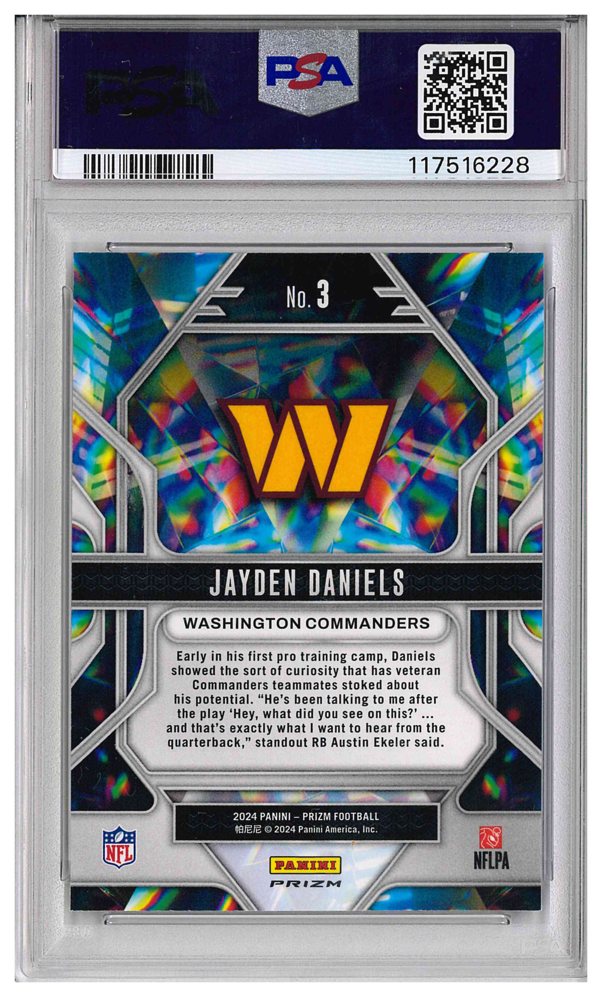 2024 Panini Prizm Prizmatic Jayden Daniels #3 Green Prizm RC PSA 10 Gem Mint, reverse