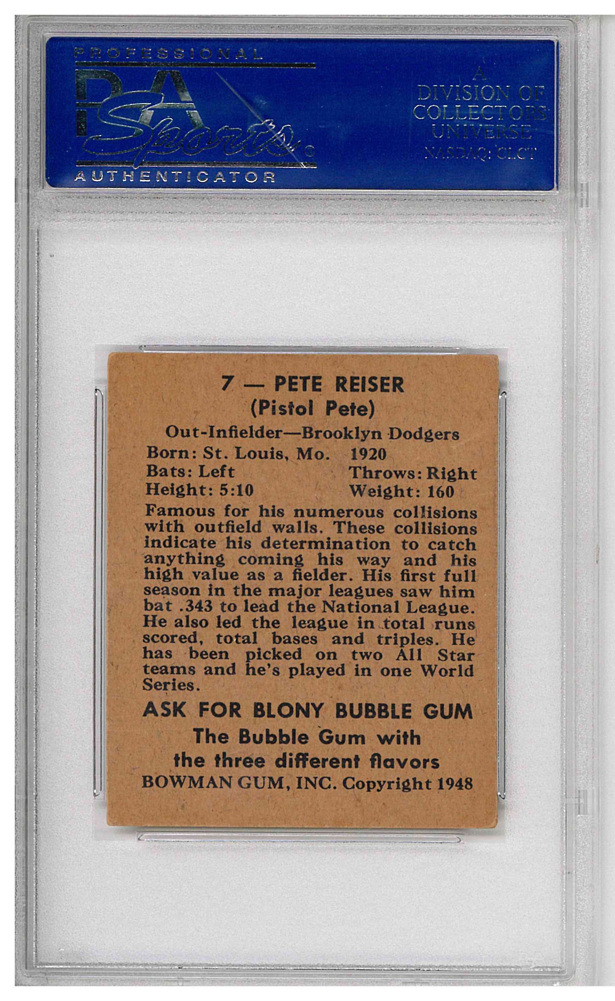 Pete Reiser 1948 Bowman #7 SP RC, reverse