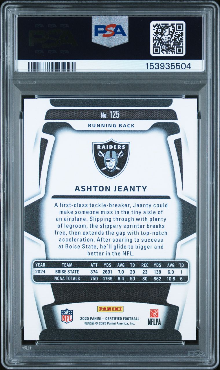 2025 Panini Certified Ashton Jeanty Mirror Silver FOTL #/13 PSA 10, reverse