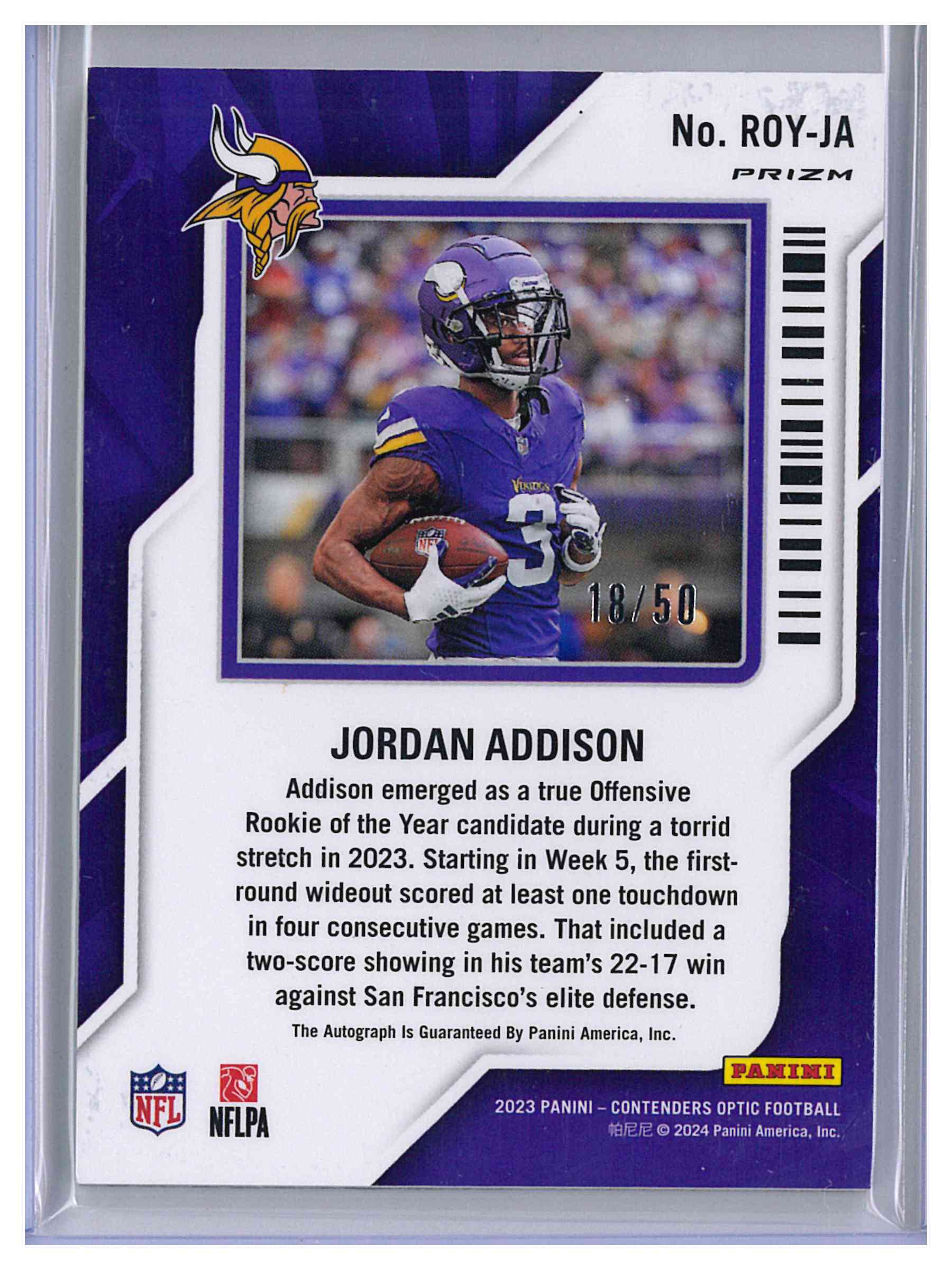 2023 Panini Contenders Optic Jordan Addison Rookie of the Year AUTO #ROY-JA /50, reverse
