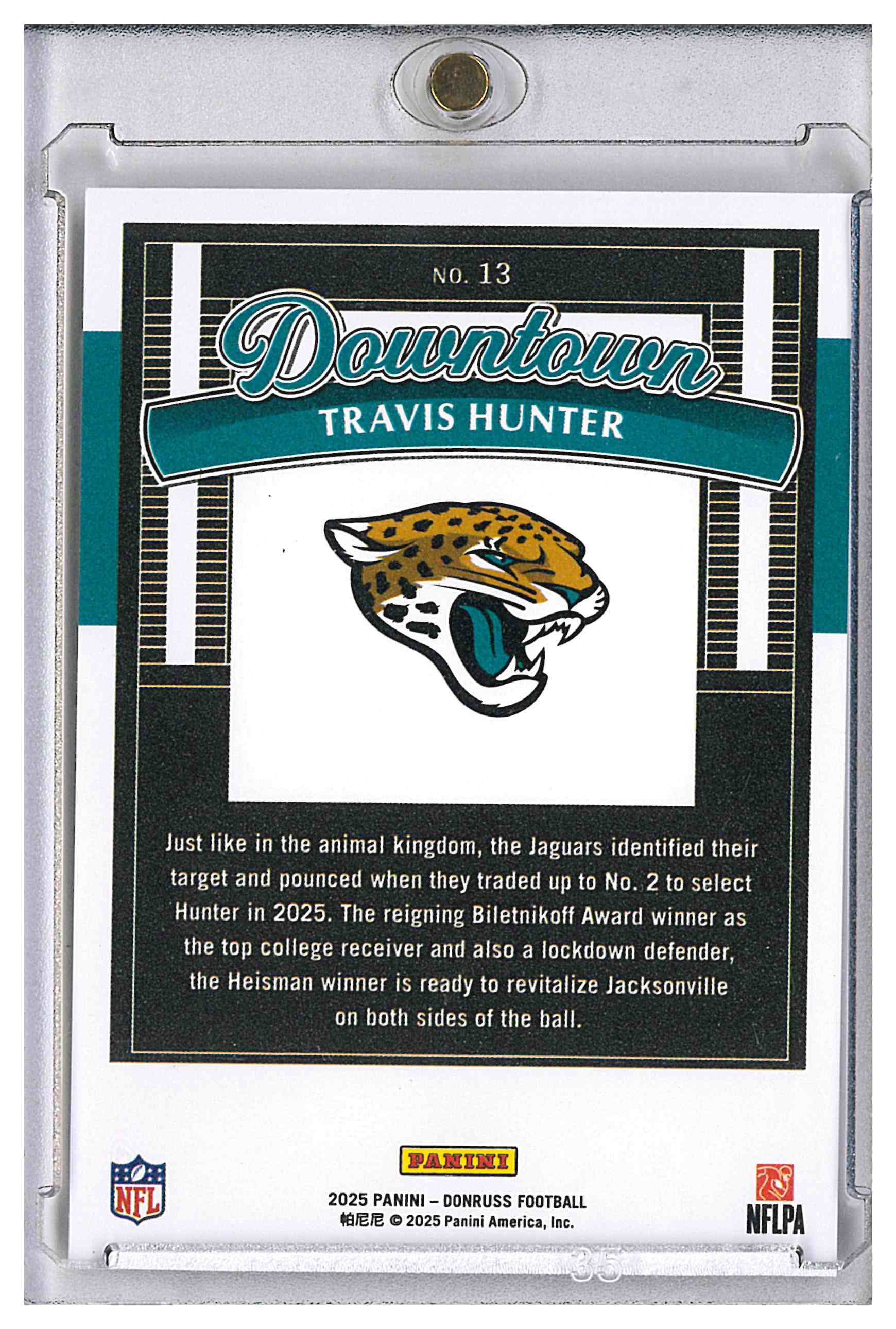 Panini 2025 Donruss Football Downtown Travis Hunter RC Jaguars #13, reverse