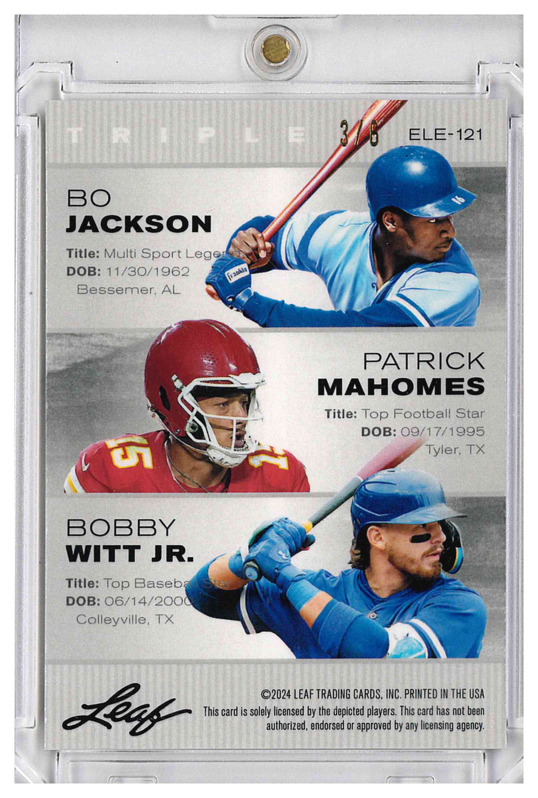 Patrick Mahomes, Bo Jackson, Bobby Witt Jr Leaf Triple Legends /6 Black Prizm, reverse