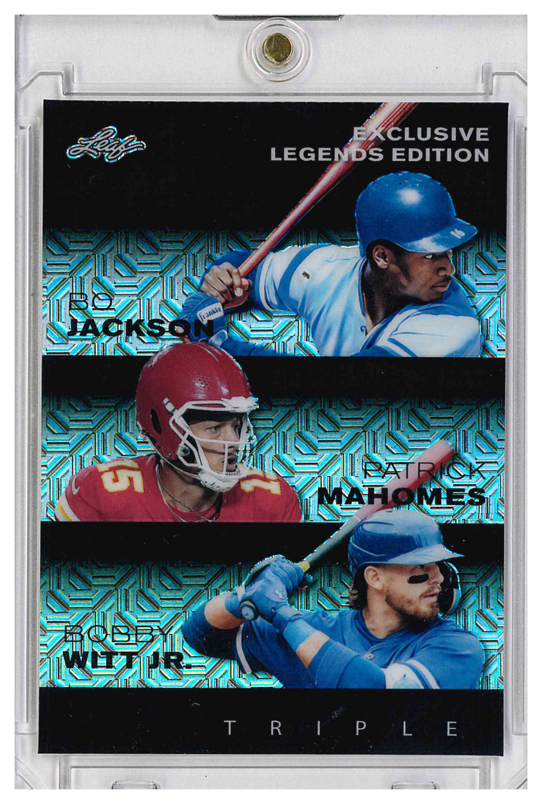 Patrick Mahomes, Bo Jackson, Bobby Witt Jr Leaf Triple Legends /6 Black Prizm