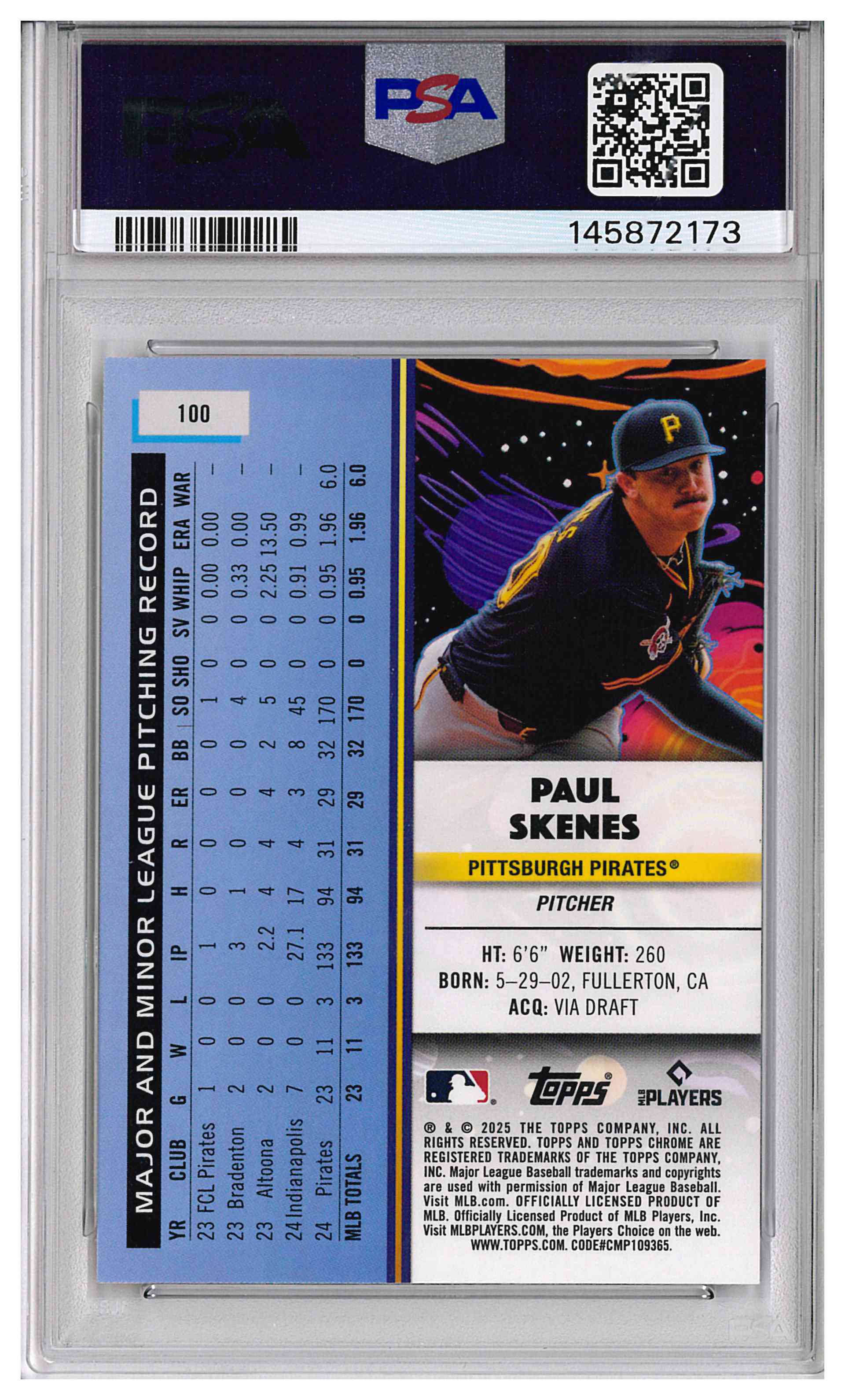 2025 Topps Cosmic Chrome Paul Skenes Nucleus Refractor Pirates PSA 10, reverse