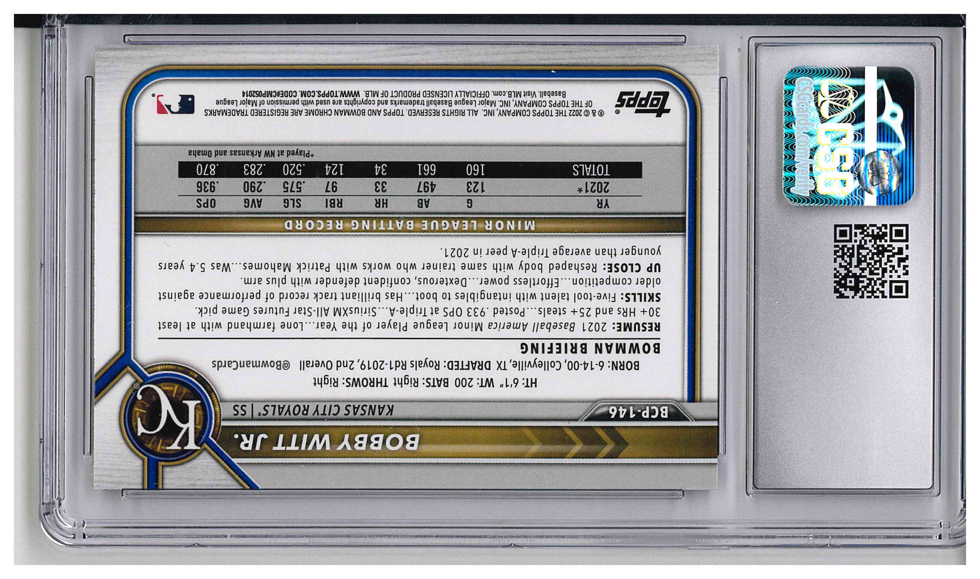 2022 BOWMAN MEGA BOX CHROME #146 BOBBY WITT JR. GOLD REFRACTOR, reverse