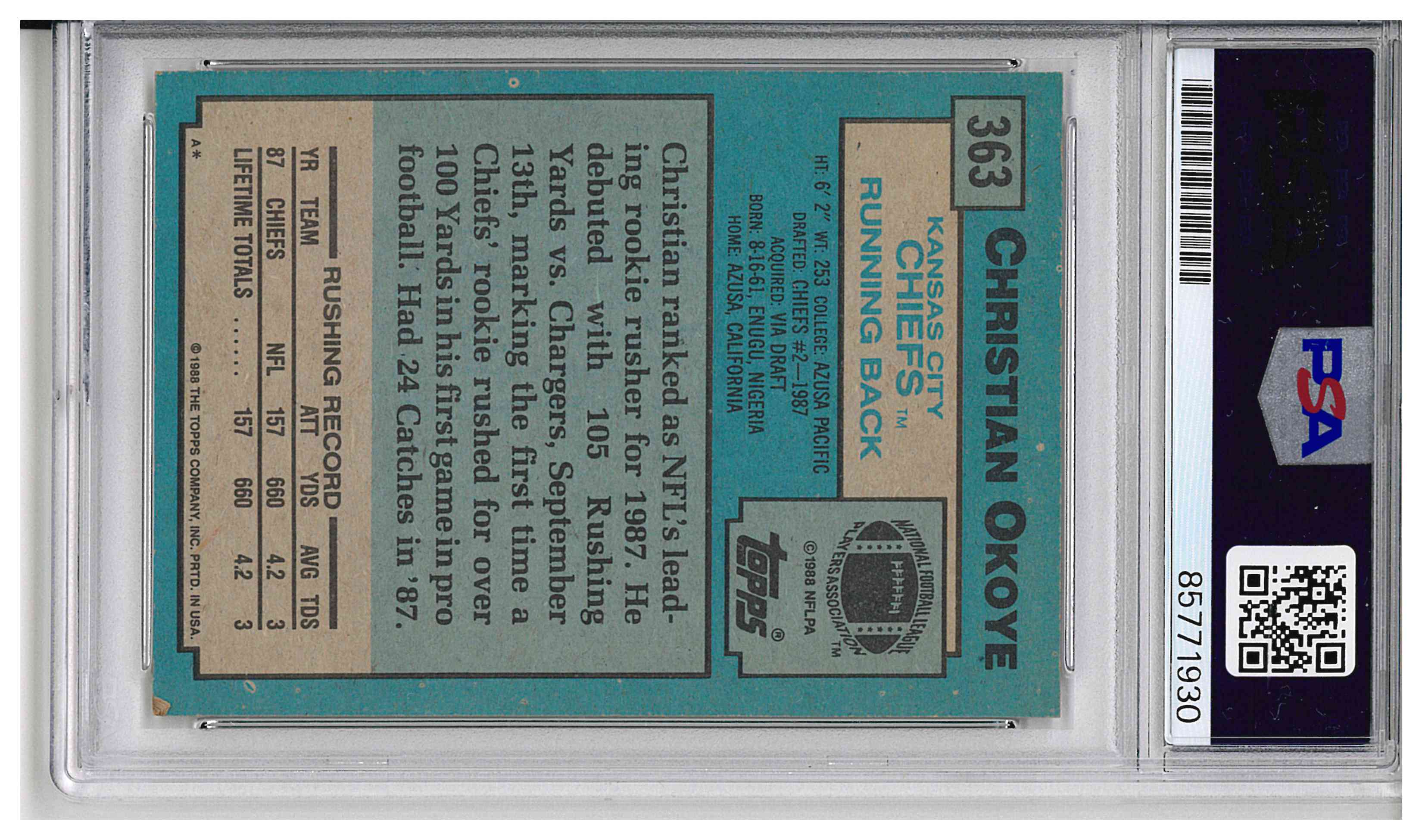 1988 Topps Super Rookie Christian Okoye, reverse