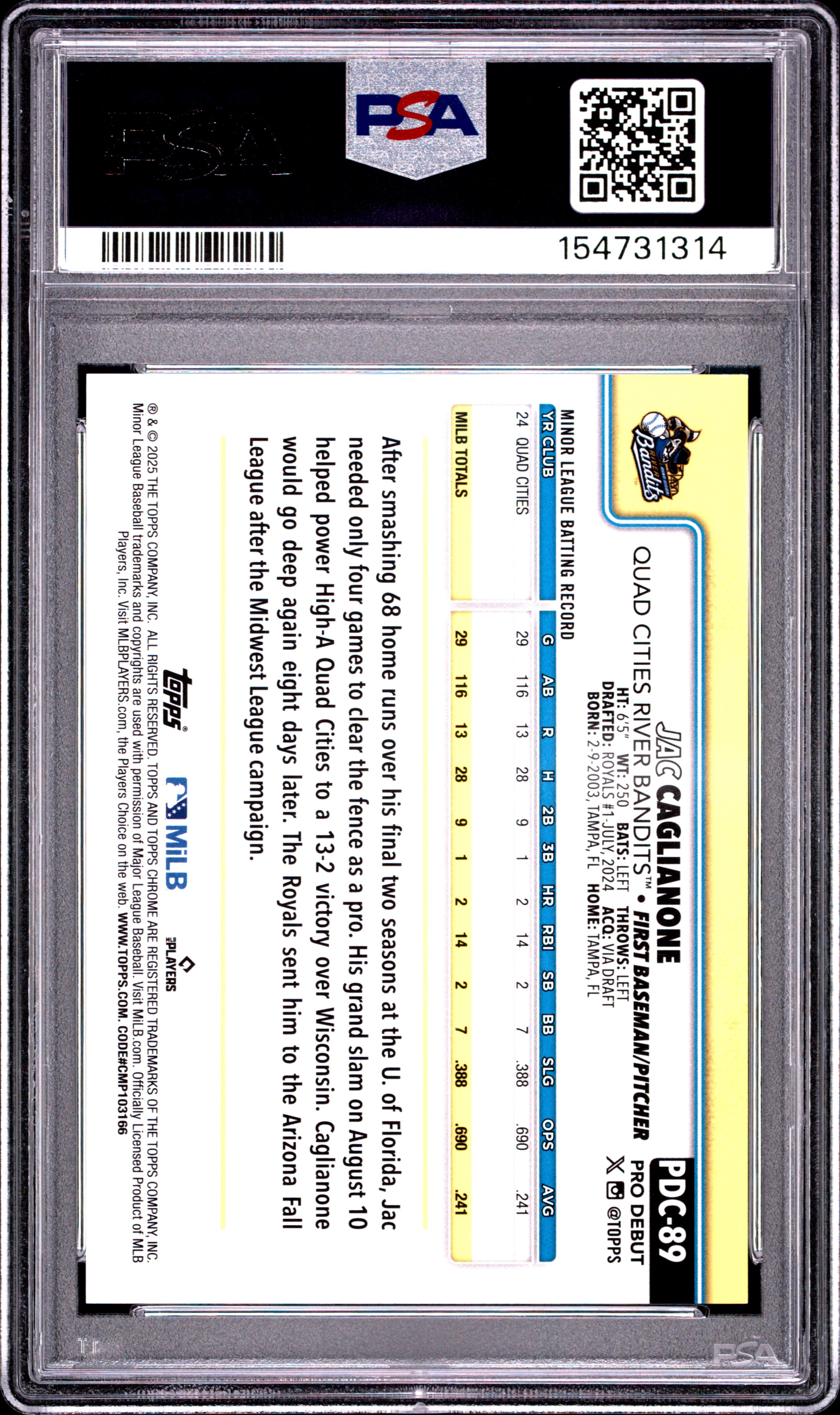2025 TOPPS PRO DEBUT #89 JAC CAGLIANONE CHROME-ORANGE MINI DIAMOND 19/25, reverse