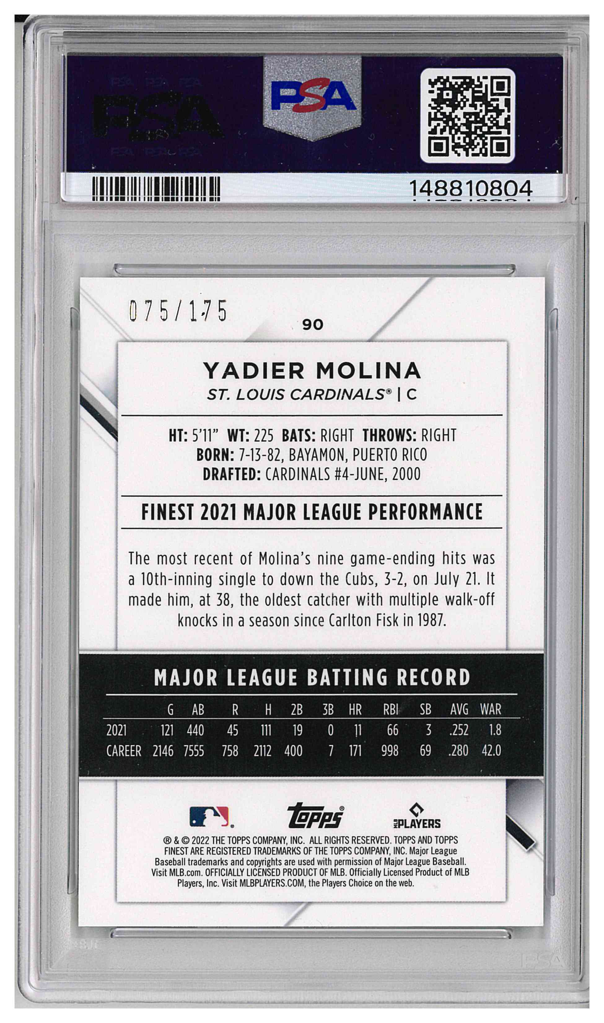 2022 TOPPS FINEST #90 YADIER MOLINA AQUA SHIMMER REFRACTOR 75/175, reverse