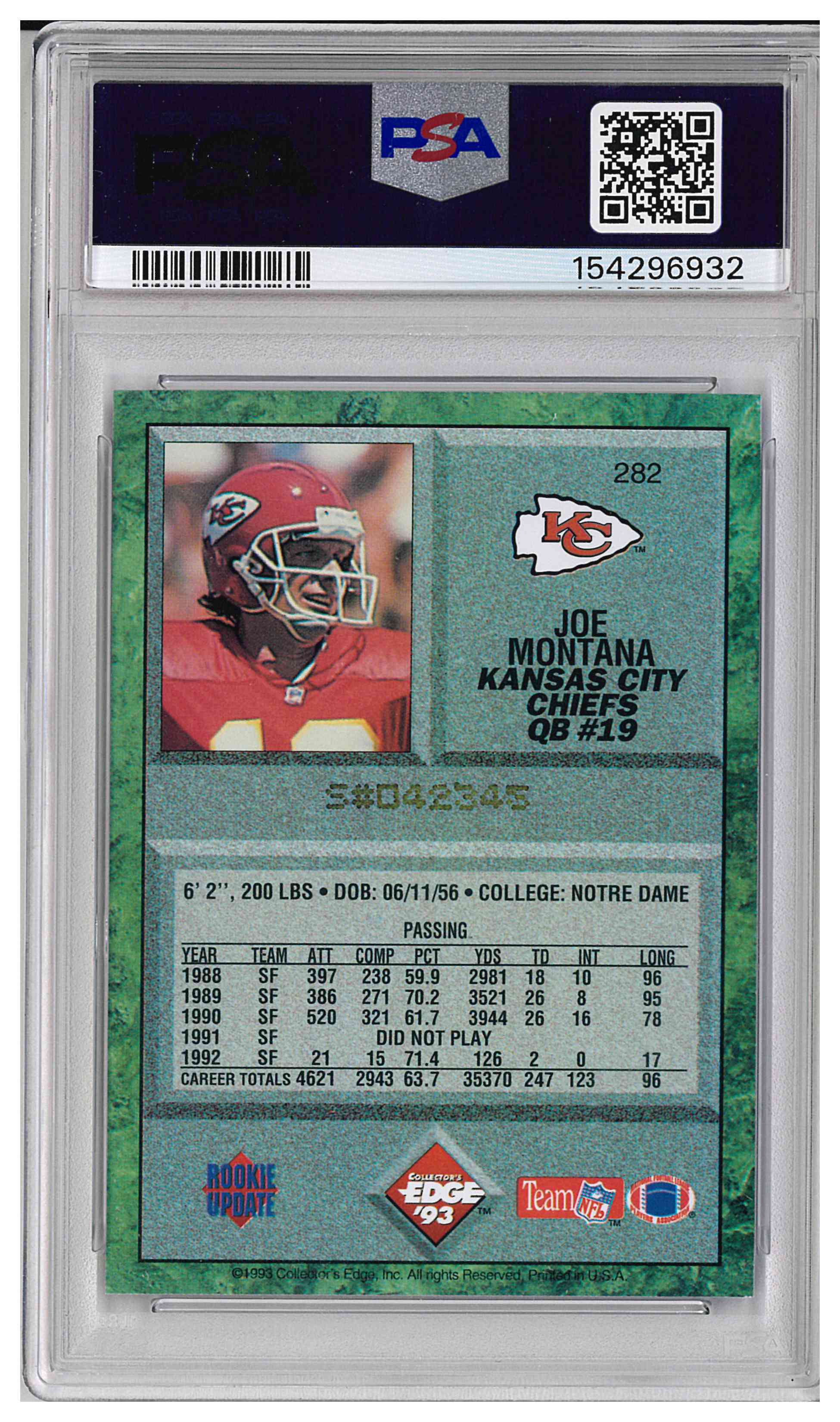 1993 COLLECTOR'S EDGE #282 JOE MONTANA 42345/100000, reverse