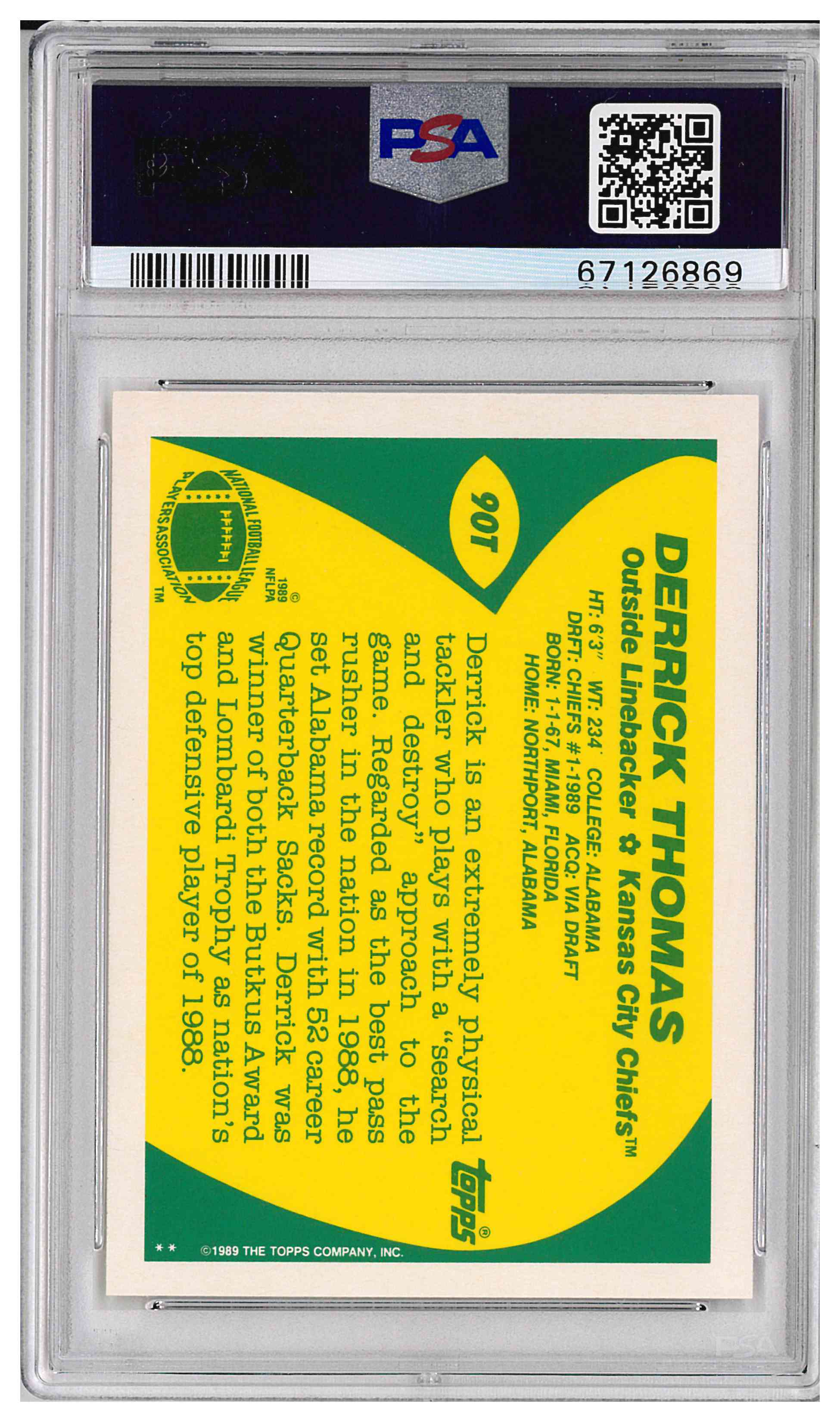 1989 TOPPS TRADED #90T DERRICK THOMAS, reverse