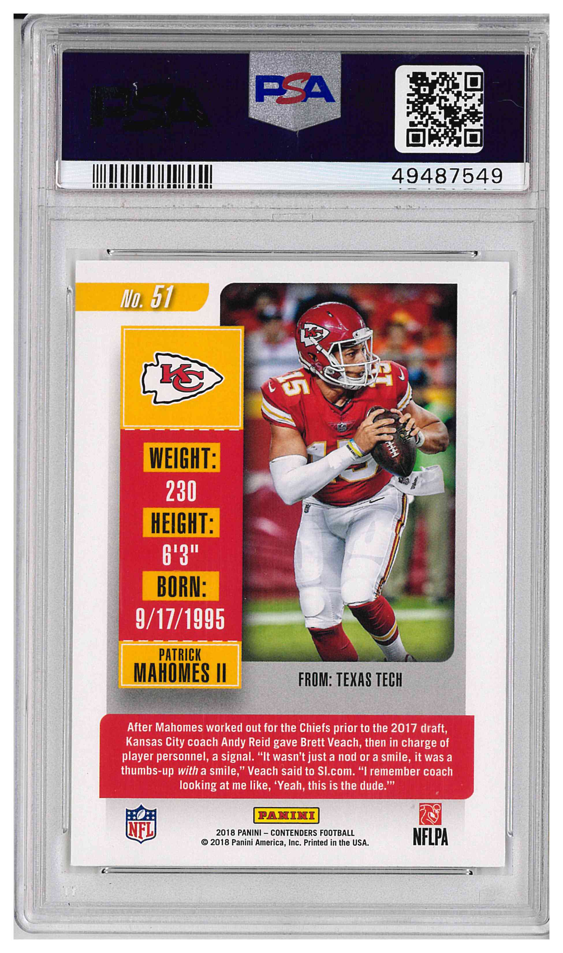 2018 PANINI CONTENDERS #51 PATRICK MAHOMES II, reverse