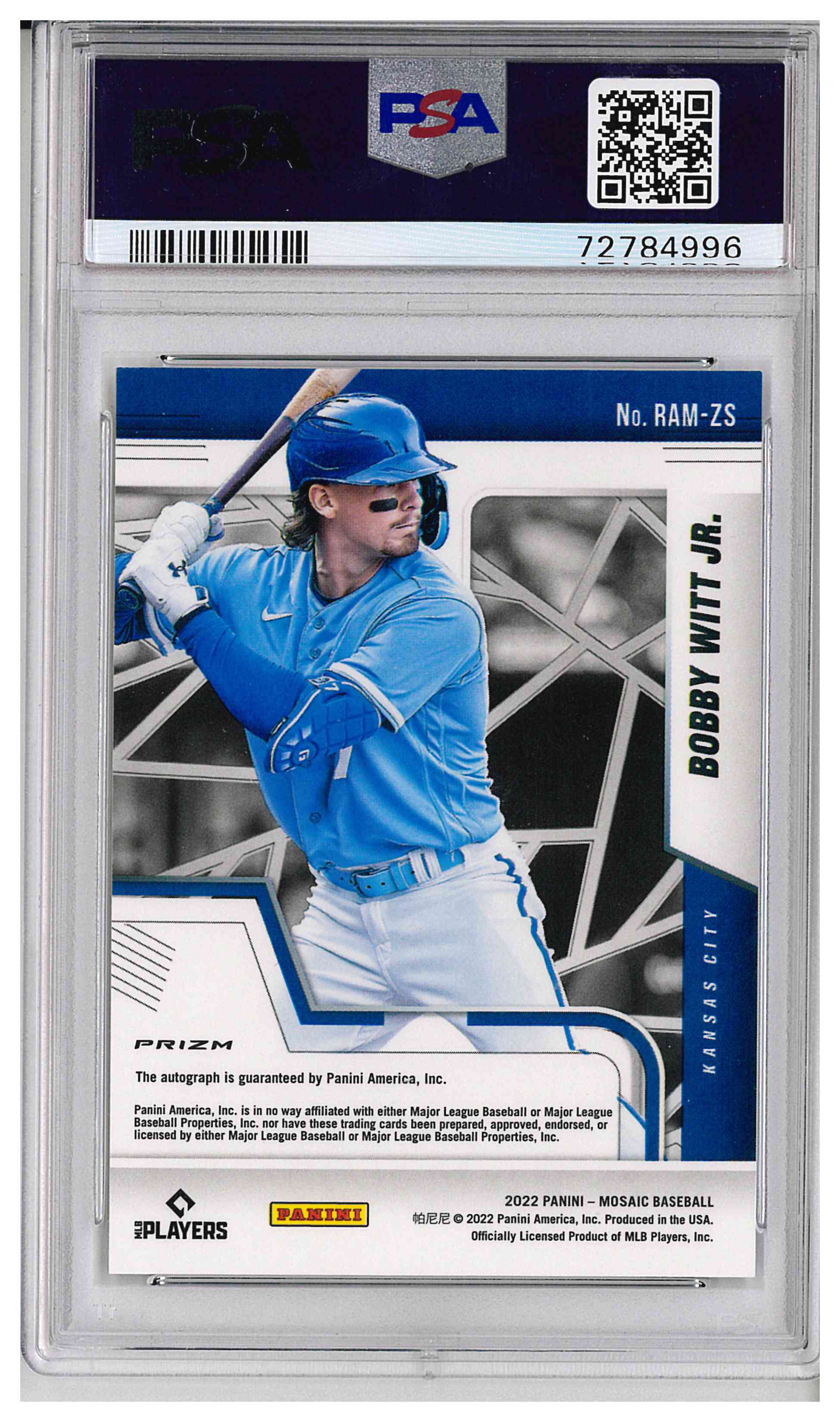 2022 PANINI MOSAIC ROOKIE AUTOGRAPHS #RAMZS BOBBY WITT JR. MOSAIC, reverse