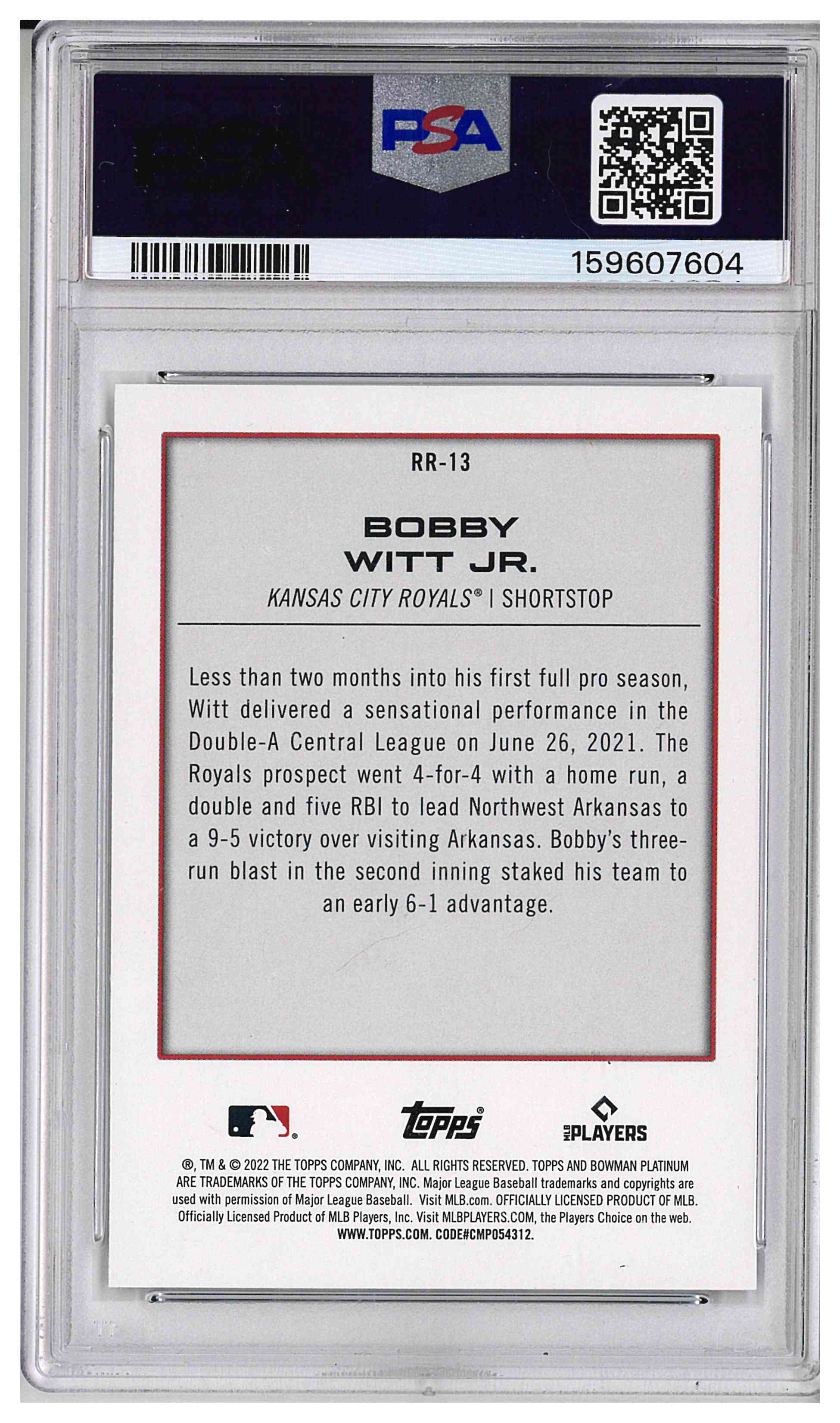 2022 BOWMAN PLATINUM RENOWNED ROOKIES #RR13 BOBBY WITT JR., reverse