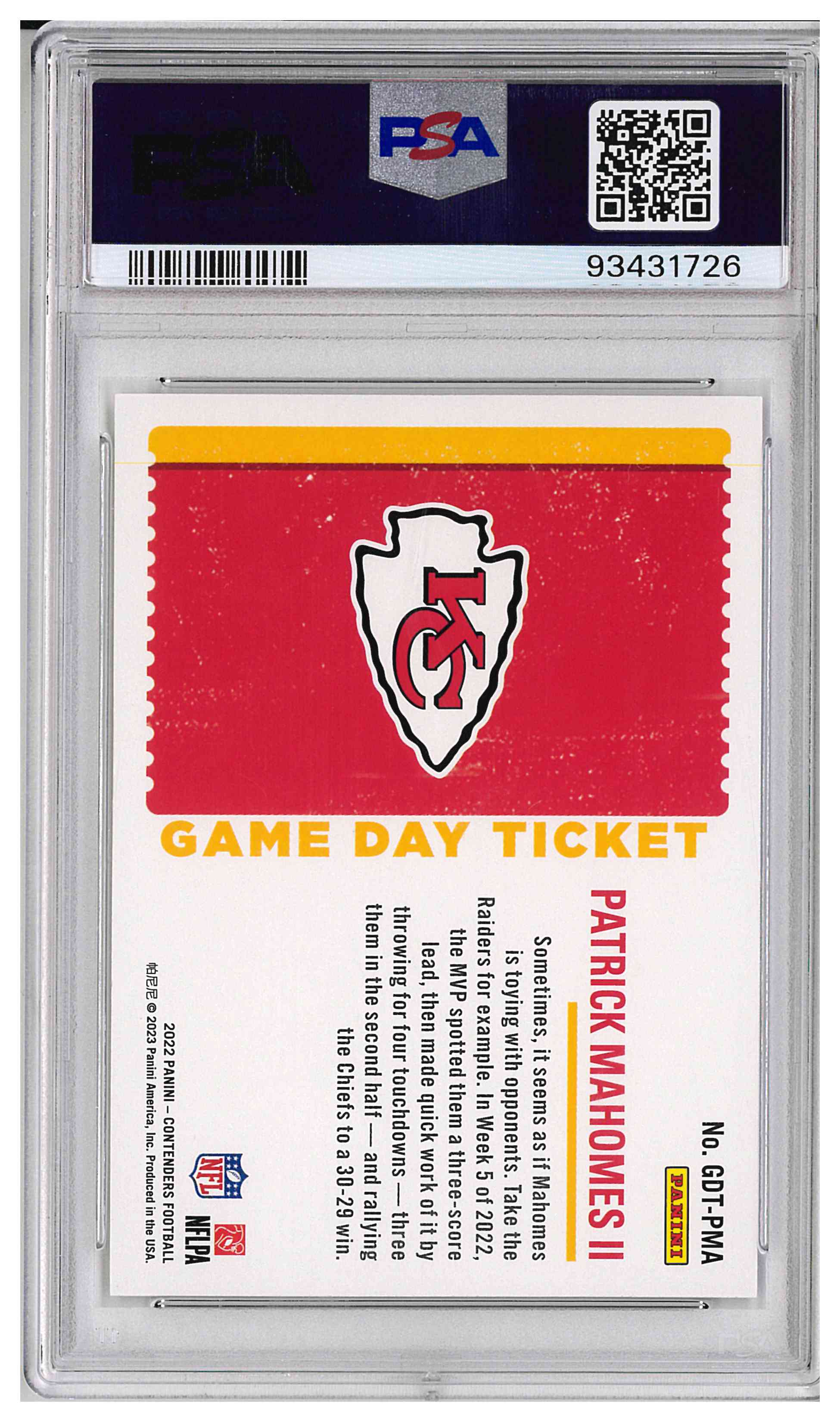 2022 PANINI CONTENDERS GAME DAY TICKET #GDTPMA PATRICK MAHOMES II, reverse