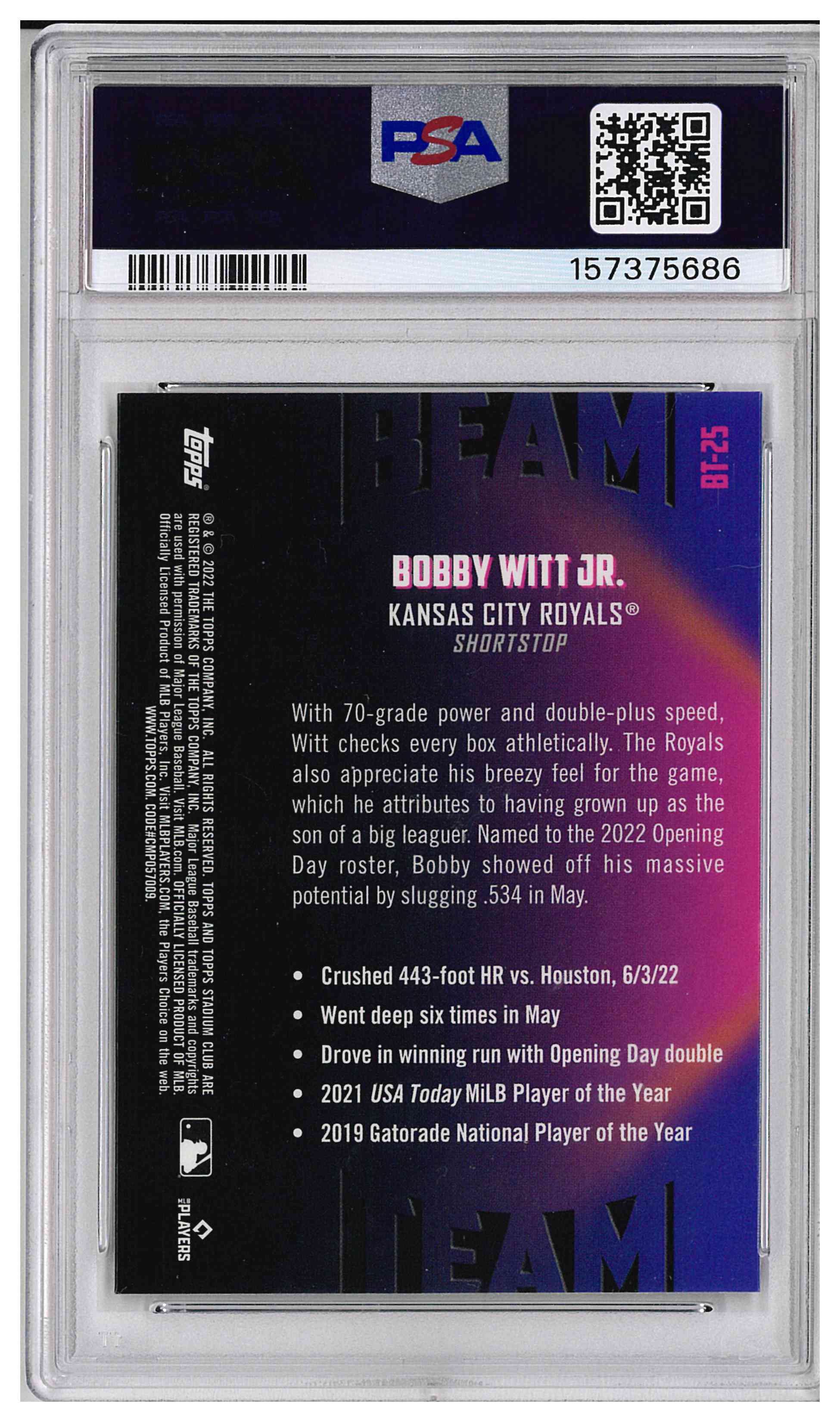 2022 TOPPS STADIUM CLUB CHROME BEAM TEAM #BT25 BOBBY WITT JR., reverse