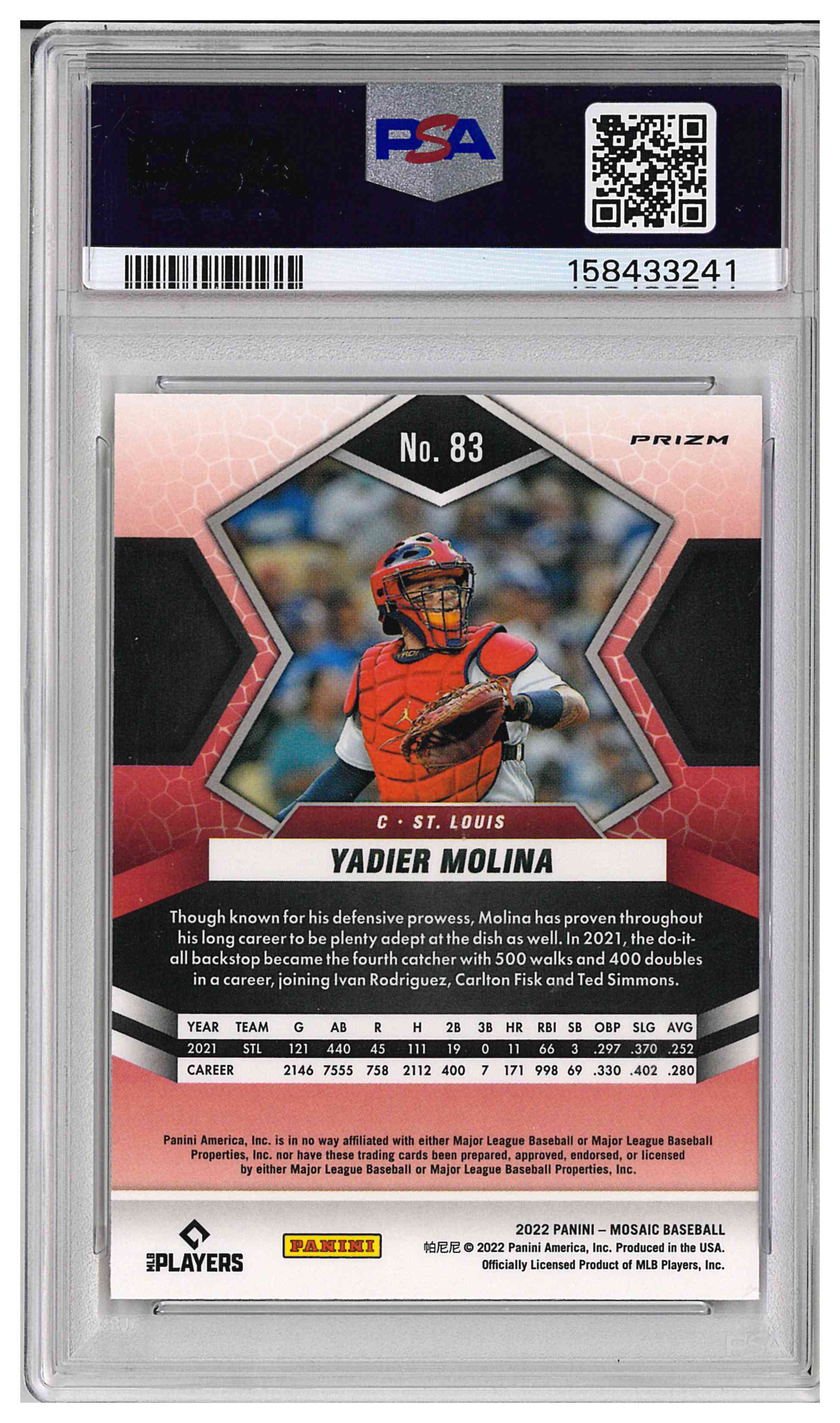 2022 PANINI MOSAIC #83 YADIER MOLINA CAMO PINK, reverse