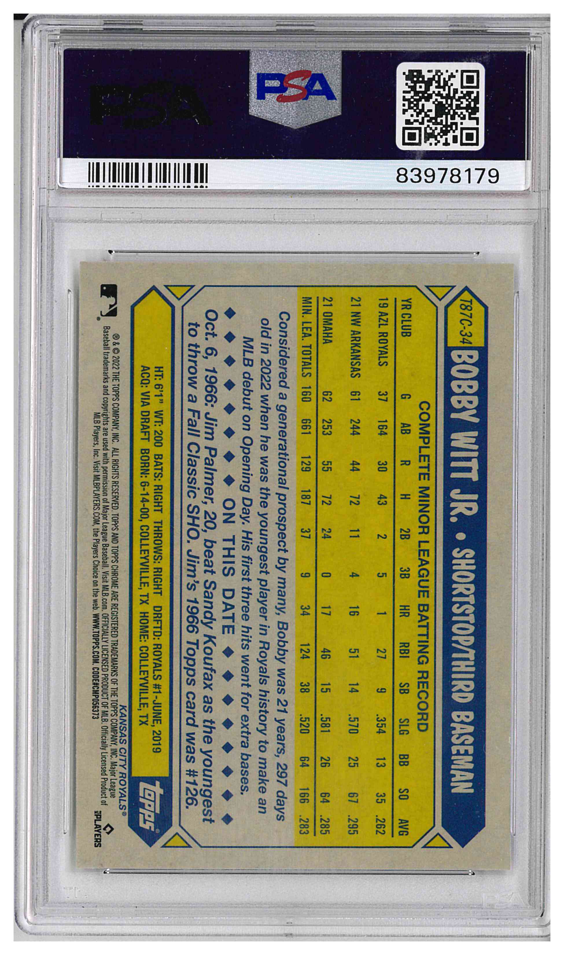2022 TOPPS SILVER PACK 1987 CHROME PROMO #T87C34 BOBBY WITT JR. UPDATE, reverse