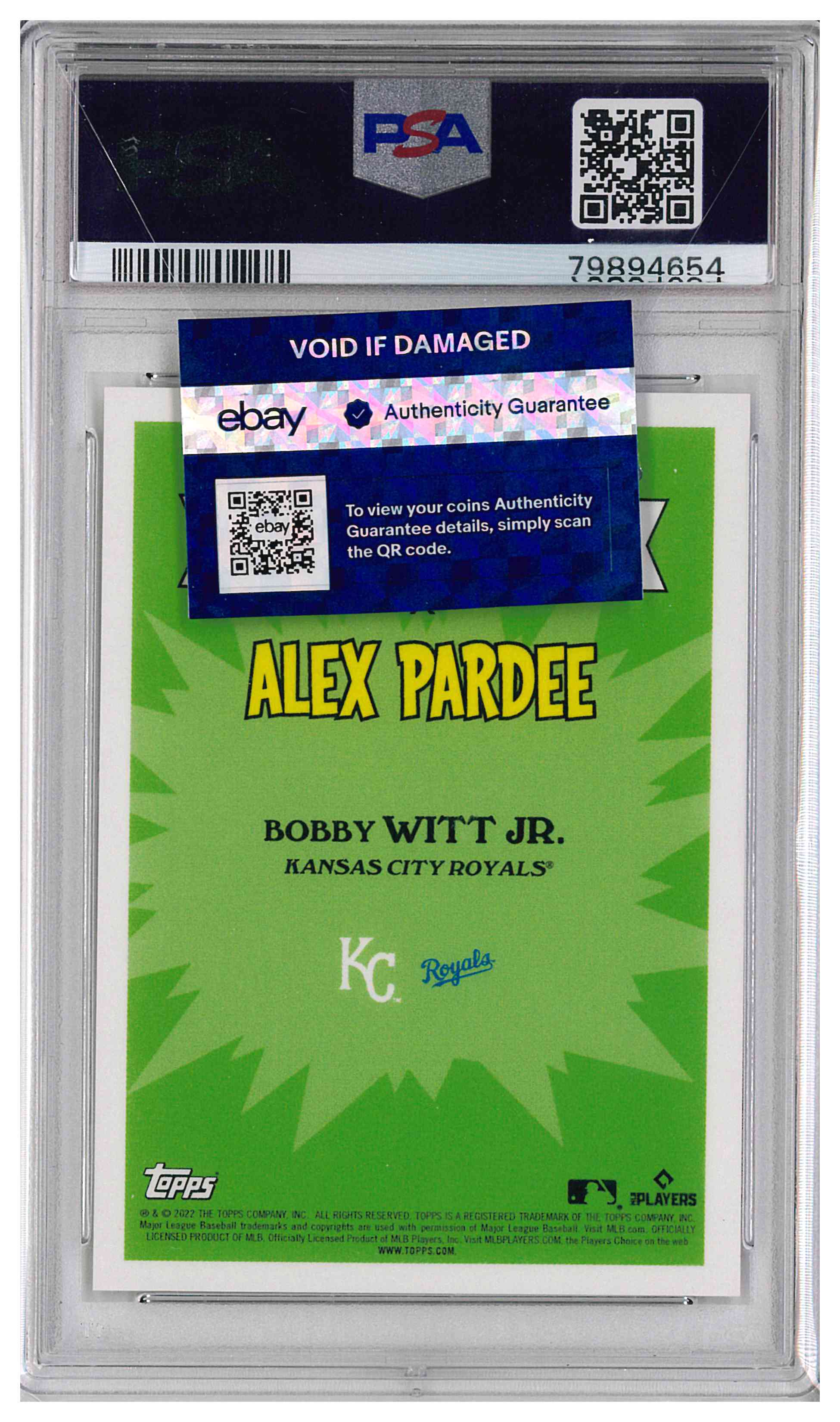 2022 TOPPS GARBAGE PAIL KIDS GPK X MLB SERIES 2 ALEX PARDEE #11c BOBBY WITT JR, reverse
