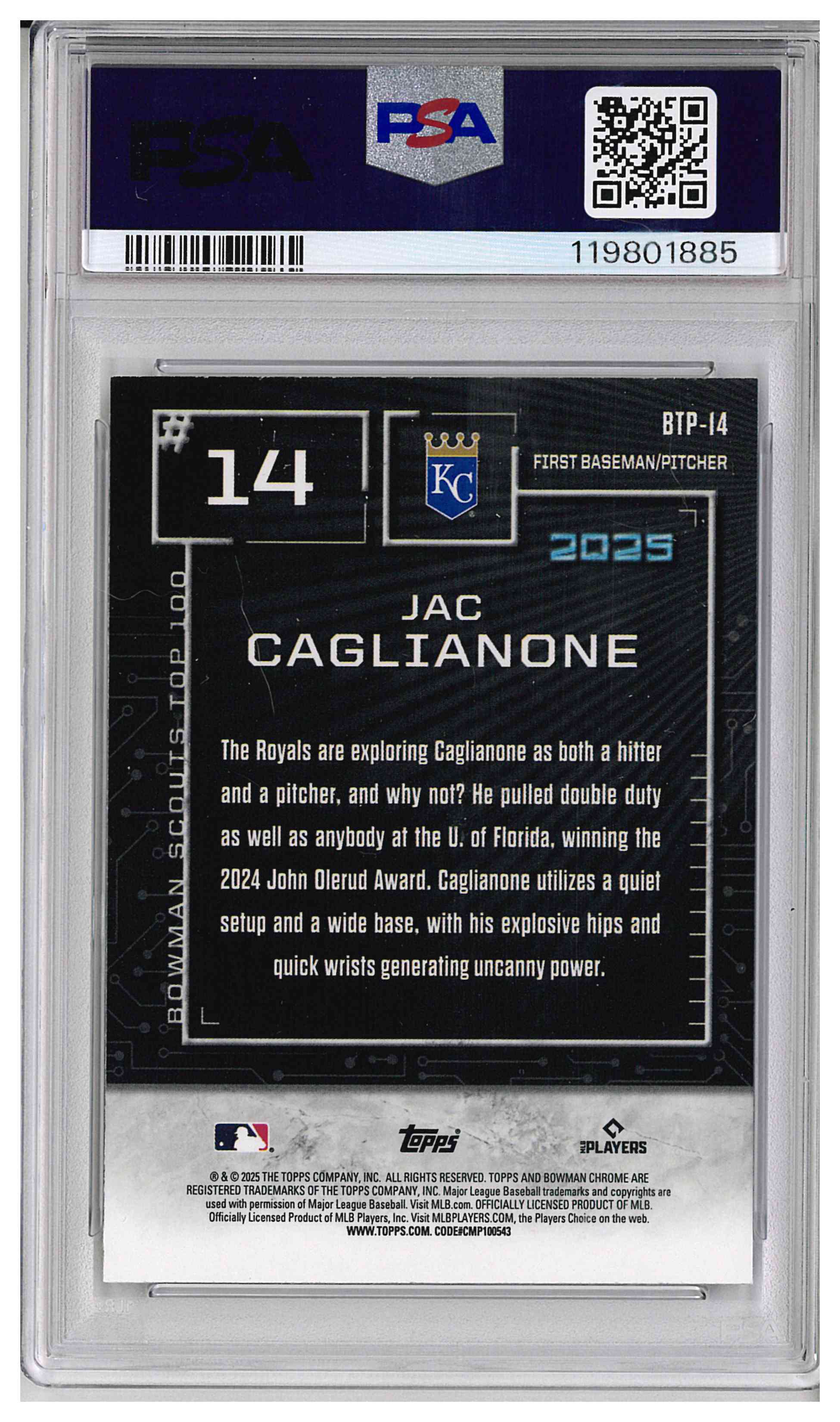 2025 BOWMAN SCOUTS' TOP 100 #BTP14 JAC CAGLIANONE, reverse