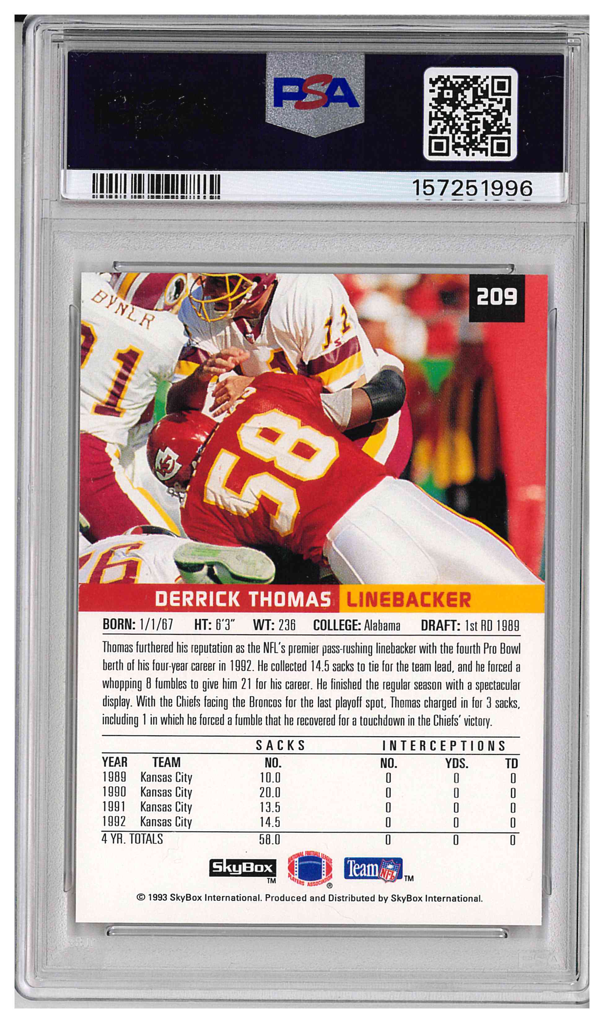 1993 SKYBOX PREMIUM #209 DERRICK THOMAS, reverse