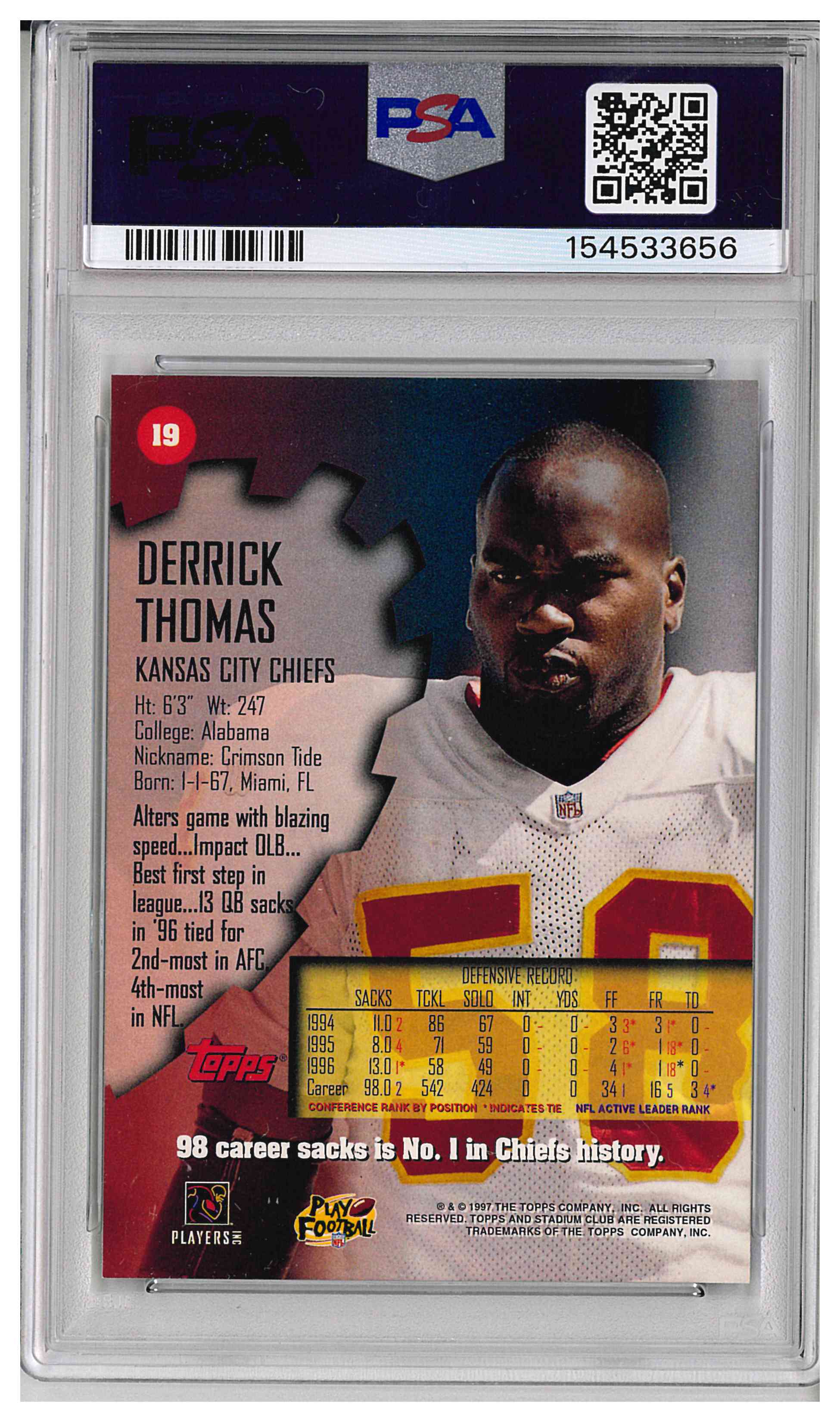 1997 STADIUM CLUB #19 DERRICK THOMAS, reverse