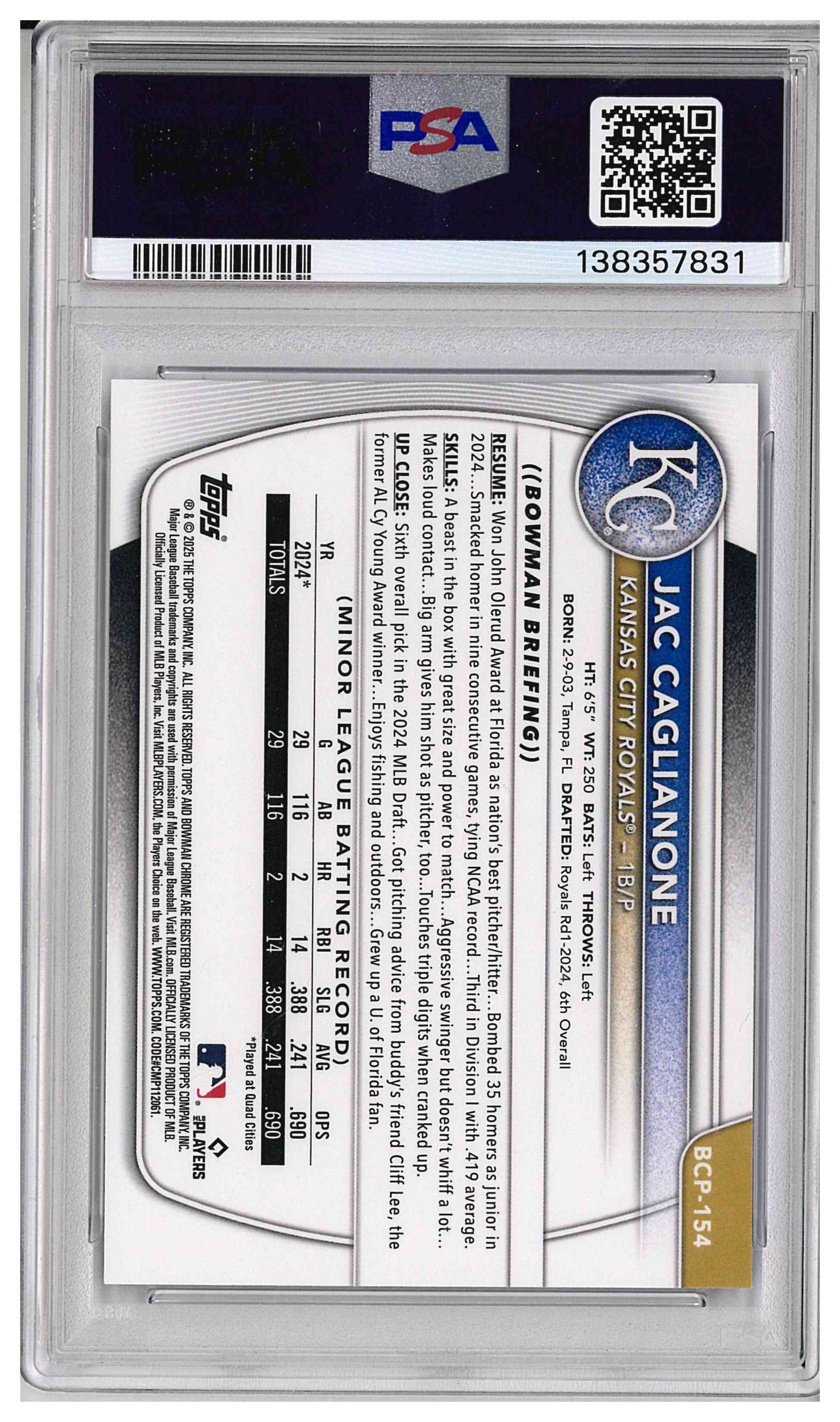 2025 BOWMAN CHROME PROSPECTS #BCP154 JAC CAGLIANONE PURPLE PULSAR 105/250, reverse